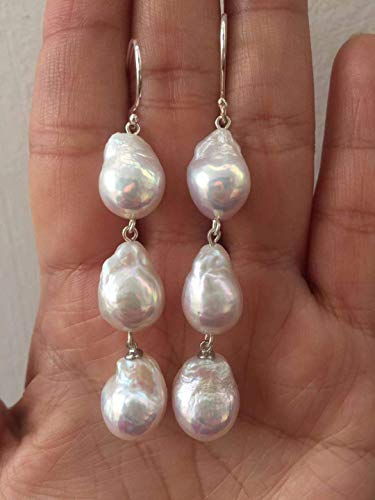 Orecchini lunghi in argento sterling con perle bianche barocche d'acqua dolce