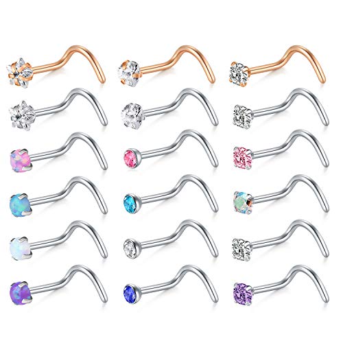 Rajnard Piercing Naso Anelli Borchie 18Pcs Anelli Naso con Zircone e Diamanti Opale Acciaio Chirurgico 20G Piercing Borchie a Vite Gioielli per Donne e Ragazze