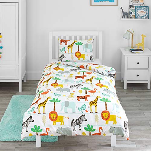 Bloomsbury Mill - Avventura Safari - Animali Della Giungla - Set Di Biancheria Da Letto Per Bambini - Copripiumino 135 cm x 200 cm e Federa Per Letto Singolo