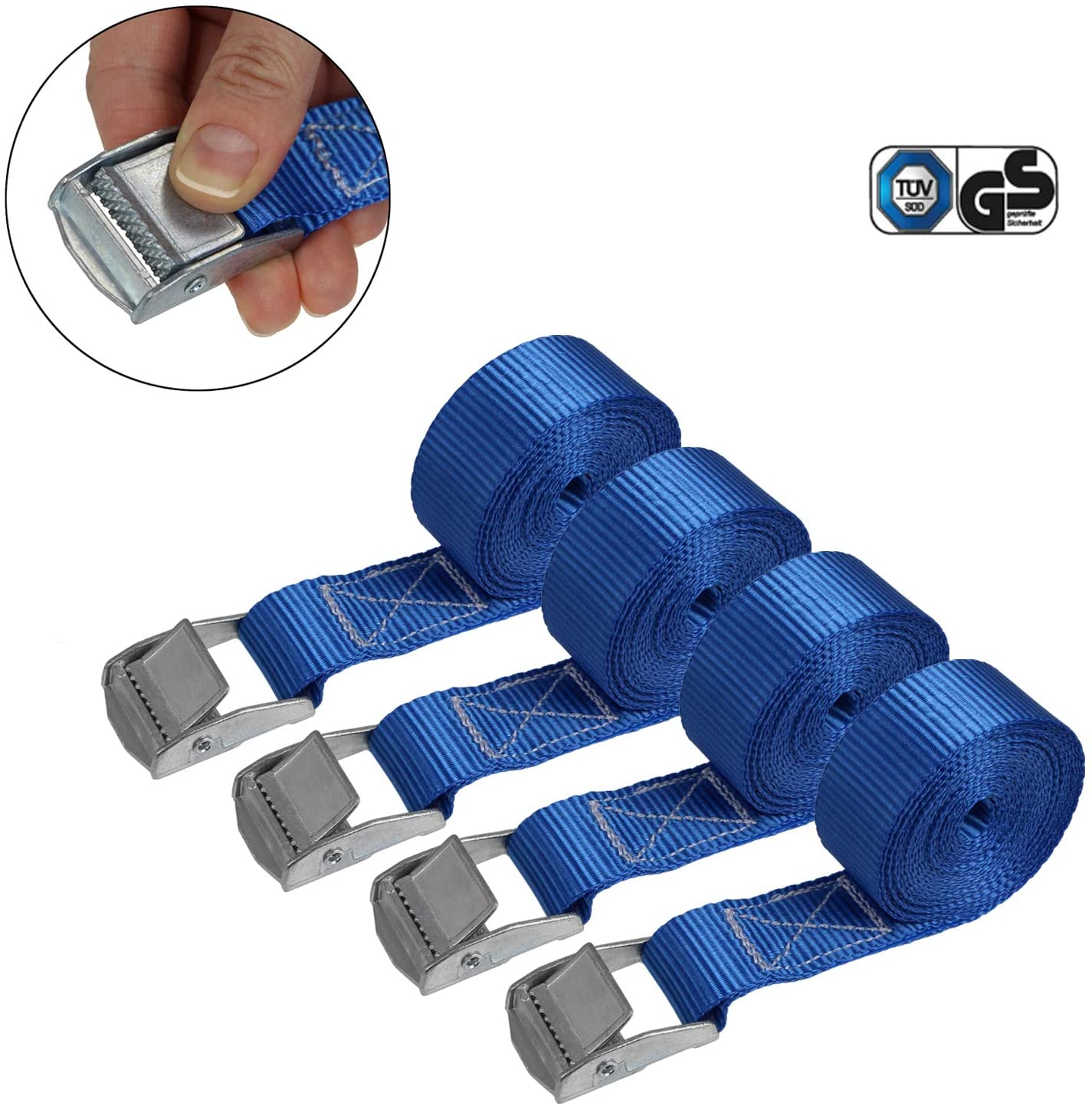 Cinghia di fissaggio Cinghie di tensione - blu - 2,5m 4m 6m - diverse quantità, sicura del carico resistenza fino a 250 kg DIN EN 12195-2, 4 pezzi 2.5 cm x 2.5 m