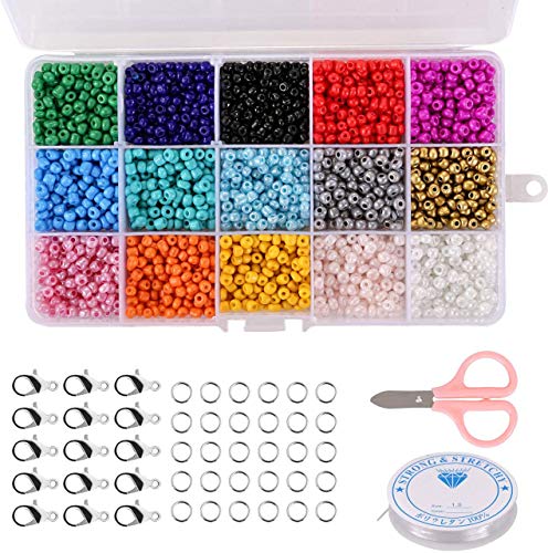 Naler 2550 Perline Vetro di 4mm Perline Colorate per Fai da Te Mini Perle di Braccialetti, Collane, Bigiotteria 15 Colori