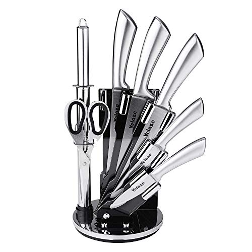 Velaze Set Coltelli, Coltelli Cucina Set 8 Pezzi, Ceppo Coltelli, Set di Coltelli Professionali Chef in Acciaio Inossidabile con Blocco Coltelli Girevole - Lucidatura