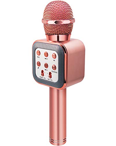 ShinePick Microfono Karaoke, 4 in 1 Bluetooth Wireless Microfono con LED Lampada Flash, Portatile Karaoke Player con Altoparlante per Android/iOS, PC e Smartphone(Oro Rosa)