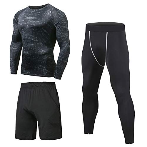 Niksa 3 Pezzi Fitness Palestra Completi Sportivi da Uomo Abbigliamento Sportivo,Compressivo Maglie e T-Shirt Pantaloni Collant a Compressione Vestiti (163512new Long XL)