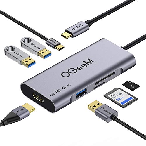 QGeeM Hub USB C Adattatore Multiporta 7 in 1 Adattatore da USB C a HDMI 4K, 100W di Alimentazione, 3 Porte USB 3.0, Lettori di Schede SD/TF Compatibile con MacBook PRO 13/15 (Thunderbolt 3), di più