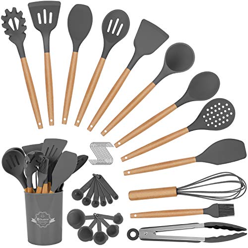 Duerer Set di Utensili da Cucina, 36 Pezzi Set di Utensili da Cucina in Silicone, Strumento di Cottura Antiaderente Resistente al Calore con Manico in Legno