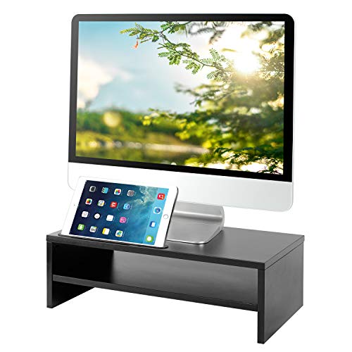 RFIVER Supporto per Monitor di Legno Tavolino PC con Supporto per Smartphone iPad e Gestione dei Cavi Nero CM1002