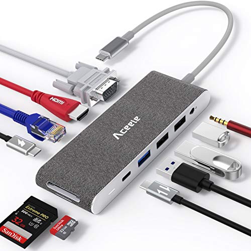 Aceele Hub USB C Docking Station HDMI VGA Doppie Porte USB 3.1 (Ricarica, trasferimento Dati) Jack da 3,5 mm Ethernet Porte USB Lettore di schede SD per MacBook PRO XPS 13 Laptop di Tipo C