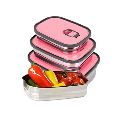 Zeerkeer Lunch Box Bento Box in Acciaio Inossidabile,3 Pezzi Sacco per il Pranzo a Tenuta Stagna Contenitori Alimenti Senza BPA per Ufficio Scolastico Scatole Alimenti per Bambini Donne Uomini(Rosa)