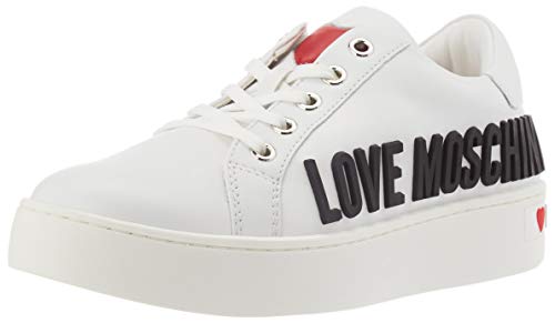 Love Moschino Scarpe Sneakers da Donna in Pelle di Vitello, Ginnastica, Bianco 063, 40 EU