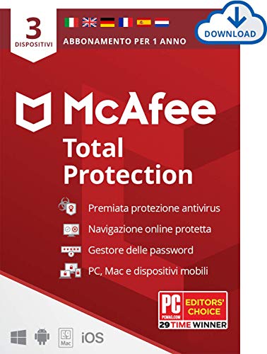 McAfee Total Protection 2020, 3 Dispositivi, 1 Anno, Software Antivirus, Sicurezza Internet, Gestore delle Password, Sicurezza Mobile, Multi-Dispositivo PC/Mac/Android/Ios, Edizione Europea