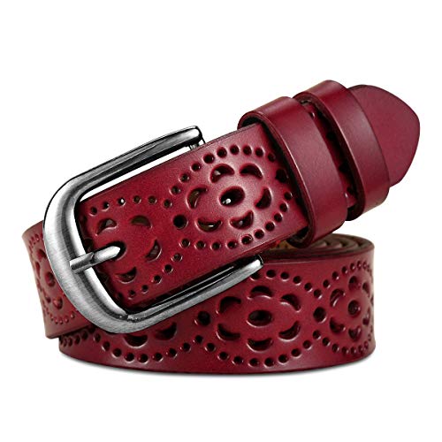 Cintura donna vintage in vera pelle di vacchetta Cintura moda donna in design a motivo vuoto con fibbia in lega per jeans (Rosso)