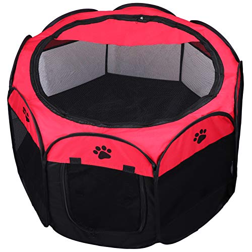 KEESIN Tenda Pieghevole per Animali Domestici, Casa in Rete a 8 Pannelli Box per Cani, Cuccioli,Gatti,73 * 73 * 43cm,Rosso