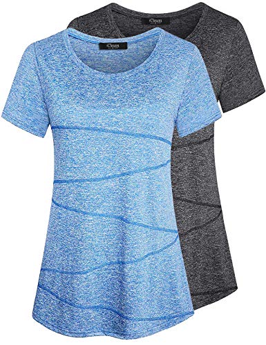 iClosam Maglietta Donna Yoga Traspirante Rapida Asciugatura Top Sportivo Running Fitness (Grigio Scuro + Blu, XXL)