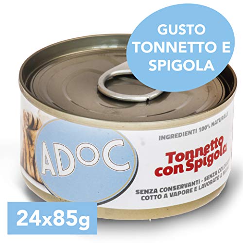 Adoc - Cibo Umido per Gatti Adulti con Ingredienti Naturali Tonnetto con Spigola - 24 lattine da 85gr
