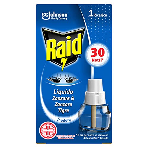 Raid Liquido Elettrico Ricarica, Antizanzare Tigre e Comuni, Confezione da 1 Ricarica da 21 ml, 30 Notti, Inodore