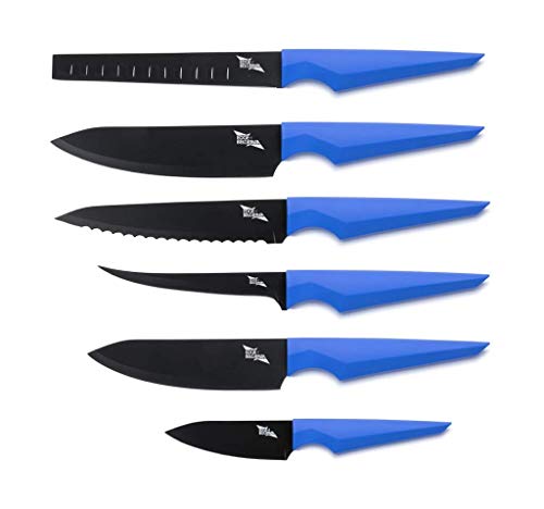 Precision Extended - Set di Coltelli da Cucina - 6 Pezzi - Impugnatura Ergonomica Rivestita in Gomma | Impugnatura Leggera | Lame Antiaderenti (Blu)