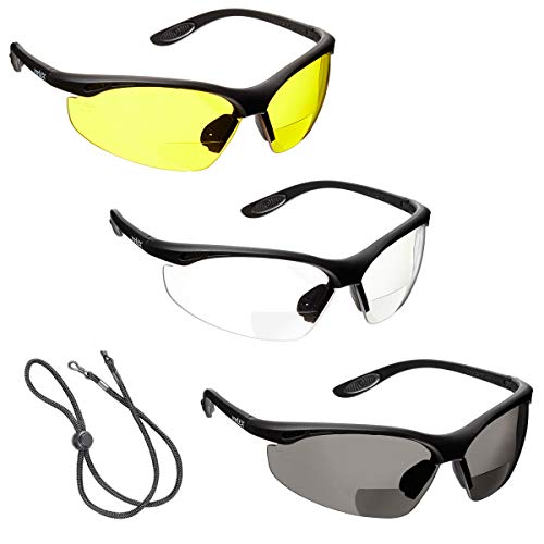 3 x voltX 'CONSTRUCTOR' Bifocale Sicurezza occhiali da lettura (+2,0 diottrie), Certificati CE EN166f / Occhiali per ciclisti (lenti trasparenti, gialle e fumè) + Lente UV400 - Safety Reading Glasses