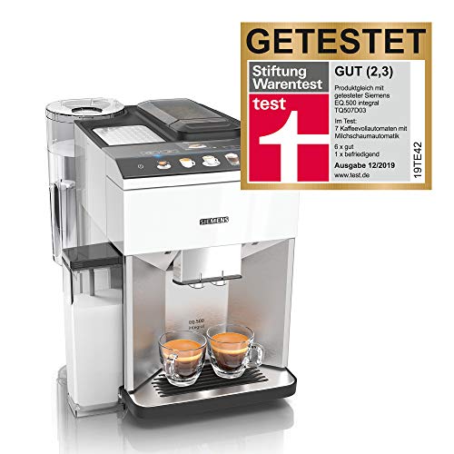 Siemens TQ507D02 EQ.500 - Macchina da caffè integrale, facile da usare, contenitore per il latte integrato, due tazze contemporaneamente, 1,5 cm, bianco