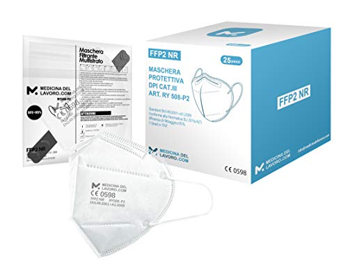 Medicinadellavoro.com - 25 Mascherine FFP2 Certificate CE, Mascherina 4 Strati Senza Valvola, Maschera Facciale di Protezione, Face Mask Protettiva con Alta Efficienza di Filtraggio BFE≥95, 25 Pezzi