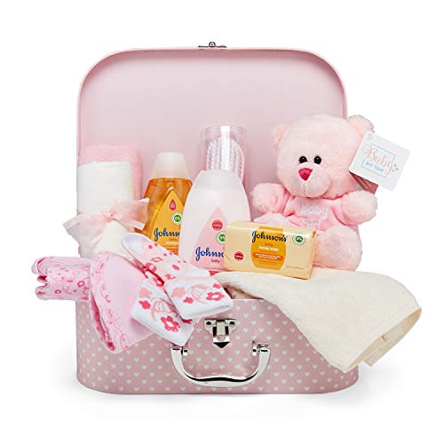 Scatola Regalo con Accessori Neonato – Cesta Kit Neonato e Prima Infanzia in Rosa per Nascita e Baby Shower con Prodotti Neonato e Orsetto in Peluche Regalo Neonata Femmina