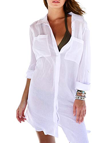 LATH.PIN Copricostumi da Bagno Camicetta Bianco Donna Bikini Cover Up Tshirt Elegante Abito da Bagno Chiffon Costume Mare Spiaggia Estate (Bianco)