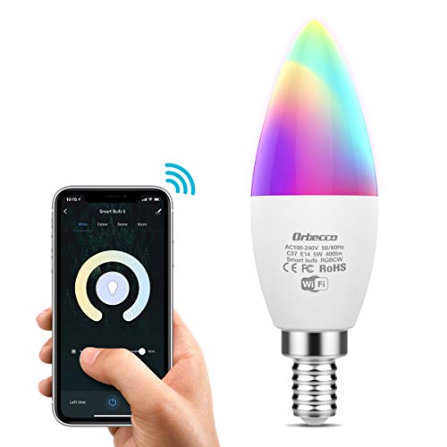 Orbecco Lampadina Smart LED E14 WiFi, 5W Lampadina Colorate RGBW, Luce Calda e Fredda Dimmerabile Controllo Remoto Compatibile con Alexa Echo, Google Home - Bianco