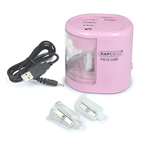 Rapesco PS12-USB temperamatite elettrico a due fori alimentato a pila o carica USB (rosa)