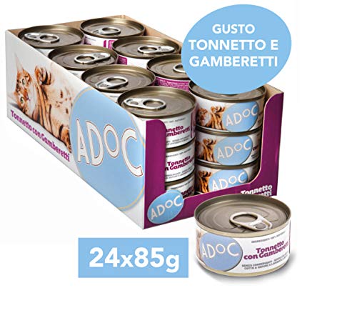 Adoc - Cibo Umido per Gatti Adulti con Ingredienti Naturali Tonnetto con Gamberetti - 24 lattine da 85gr