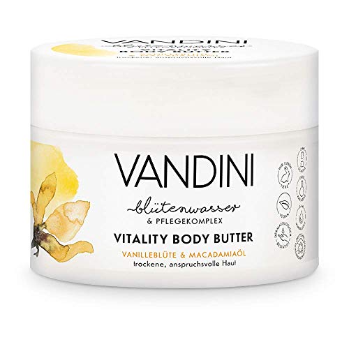VANDINI Vitality - Burro da donna con fiore di vaniglia e olio di macadamia, crema per il corpo e crema per il viso per pelle secca e esigente, crema idratante vegana per donne (1 x 200 ml)