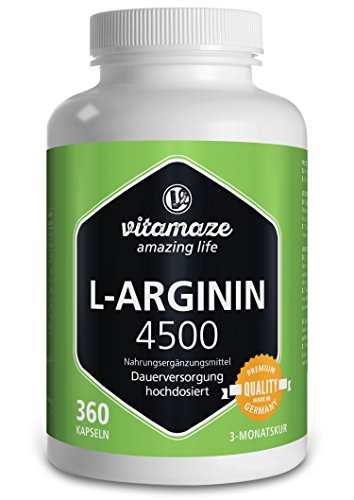 Vitamaze® L-Arginina 4500 mg ad Alto Dosaggio, 360 Capsule di Pura L-Arginina HCL Polvere per 3 Mesi, Qualità Tedesca, Naturale Integratore Alimentare senza Additivi non Necessari