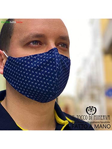 Mascherina Unisex Artigianale Anti-polvere Lavabile, Realizzata a Mano in Italia con Tessuti d'Alta Moda, Blu goccia