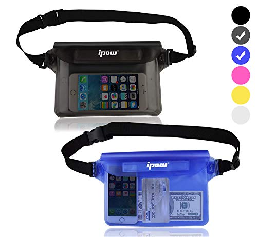 IPOW 2 PZ Borsa Impermeabile Marsupio Impermeabile Mare Universale Chiusura a 3 Zip Super Protezione Certificato IPX8 con Cintura Regolabile per Documento Cellulare, Blu e Nero Semitrasparente