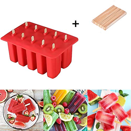 Queta Silicone Stampo per Gelato, 10-Cavity Congelato Stampi per Ghiaccioli con 24 Bastoncini di Legno, DIY Fatti in casa Preparazione di ghiaccioli Gelati