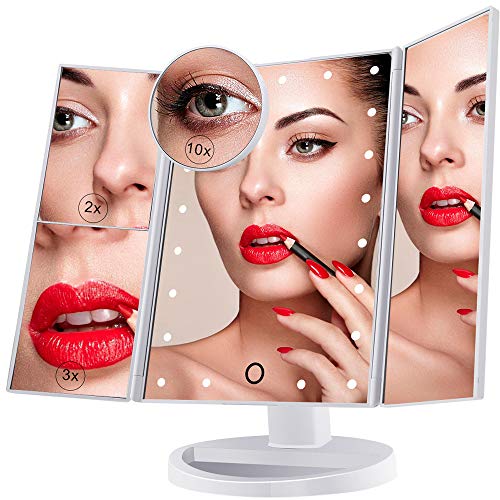 Specchio Per il Trucco Illuminato, Specchio Cosmetico per Vanità a 21 Luci a LED, Touch Screen Con Ingrandimento Triplo Ingrandimento 2X 3X 10X, Rotazione Libera di 180 °, Doppio Alimentatore Bianco