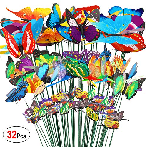32pcs Giardino Ornamenti Decorazione da Colorato Farfalle Libellule Bastoni per Giardino Pianta Terrazza Esterno Prato Decorazione, 24 Bastoni Farfalle da Giardino, 8 Bastoni Libellule da Giardino