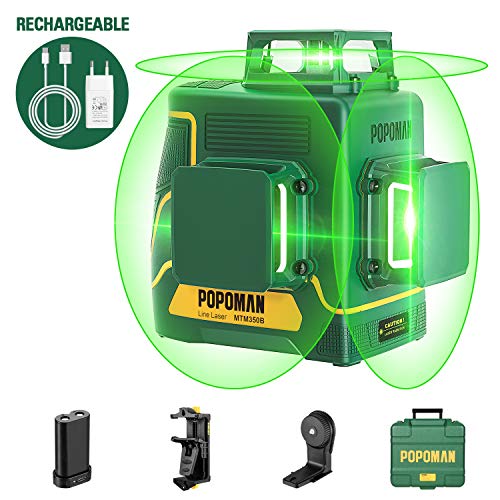 POPOMAN Livella laser Verde, 3x360° Professionale Linea Laser Croce, USB Ricarica, Autolivellante e Funzione Impulso, borsa per il trasporto (incl. 5200mAh batteria al litio e Base magnetica)