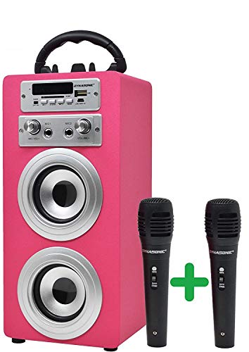 DYNASONIC - Altoparlante Bluetooth portatile con modalità karaoke e microfono, radio FM e lettore USB SD (modello rosa) (2 microfoni TWS)