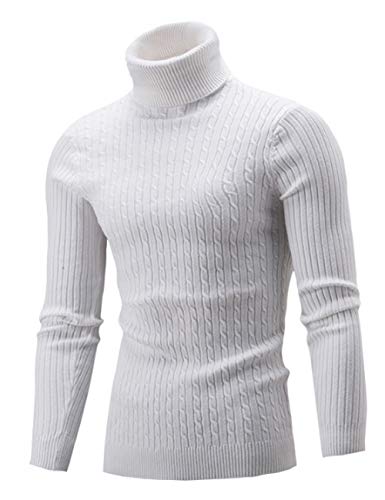 AIDEAONE - Pullover da uomo a collo alto, lavorato a maglia bianco S