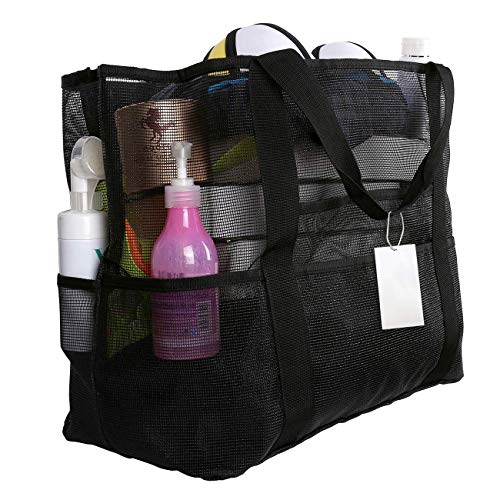 EXTSUD Extra Grande Borsa a Rete da Spiaggia con Cerniera 70x37x18cm Capiente Sacchetto a Mano Anti-Sabbia Organizer Pieghevole Porta Vestiti Giocattoli Asciugamano per Viaggio Spiaggia Piscina (Nero)