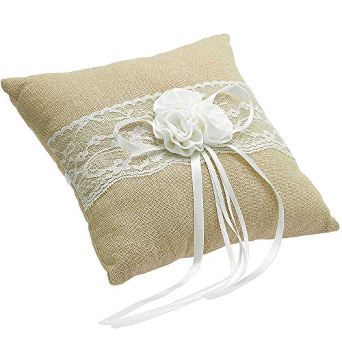 EinsSein 1x Cuscino Matrimonio Jute Flower 20x20 Grande Beige portfedi Cuore Avorio Porta Cuscinetto Cuscini Anelli Doppio con Strass Gioielli FEDI Nuziali per Porta Il Pizzo Cane da ricamare e