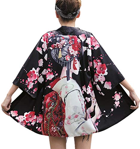 LAI MENG - Kimono da donna con motivo giapponese, maniche a 3/4, giacca leggera EU 34-46 Stile 40. 34/46 EU/taglia unica