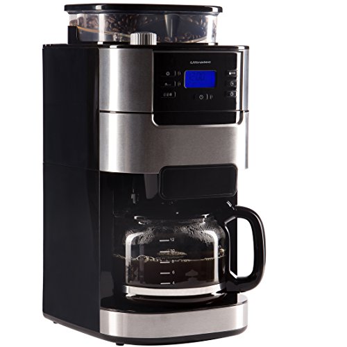 Ultratec Macchine da caffè/Macchina da caffè automatica+macinacaffè e funzione timer, macchina automatica, coffee machine, macchina da caffè automatica, caraffa vetro e filtro permanente, acciaio/nero