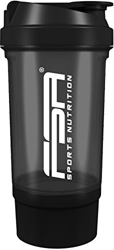 Shaker per Proteine con comparto per polvere 500 ml del marchio sportivo professionale FSA Nutrition, con inserto per setaccio e contenitore, senza BPA e senza perdite, Nero