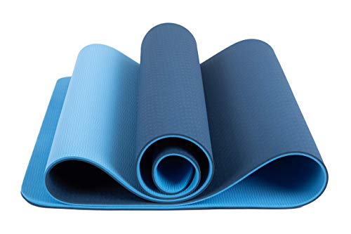 FCMASTERTRADE Tappetino Yoga di TPE Imbottito e Antiscivolo per Fitness,Crossfit, Pilates, Ginnastica e Addominali, Yoga Mats con Laccio in Omaggio, di 183 x 61 cm Spessore 0.6mm Bicolore Blu