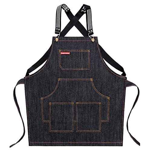 Watwass Denim Grembiule Barbecue Uomo Giardinaggio con Tasche Regolabile Grembiule Donna Lavoro Nero