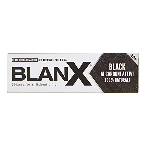 BlanX - Dentifricio Sbiancante e Antimacchia ai LICHENI ARTICI - Formula BLACK - Ai CARBONI ATTIVI 100% Naturali - Pasta NERA - NON abrasiva