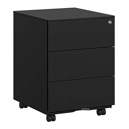 SONGMICS Cassettiera da Ufficio Studio Scrivania, Mobiletto con Ruote per Documenti e Cancelleria, con 3 Cassetti e Serratura, Pre-Assemblato, 39 x 45 x 55 cm (L x P x A), Nero Opaco OFC63BK