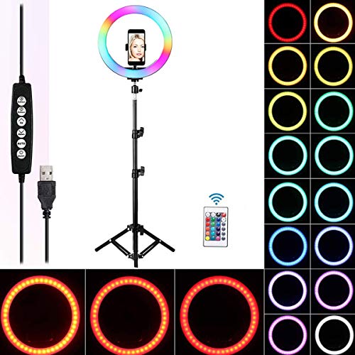 Queta Luce Anello Ring Light RGB per Tik Tok Youtube Selfie Video Vlog, 10” Luce Anello Telocomando Wireless con Treppiedi 170cm, 15 Colori + 3 Modalità di Illuminazione, 10 Livelli di Luminosità