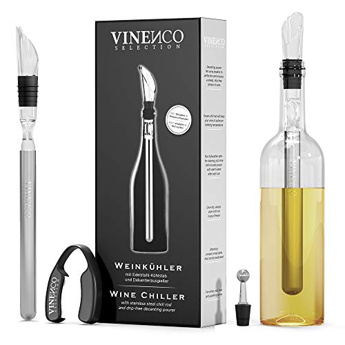 Refrigeratore per Bottiglie Vino, Set 3 in 1: Asta di Raffreddamento Inox di qualità + Aeratore Decanter + Versatore Salvagoccia | Aperitivo Accessori Sommelier Barman | Regalo Donna Uomo Festa Bar